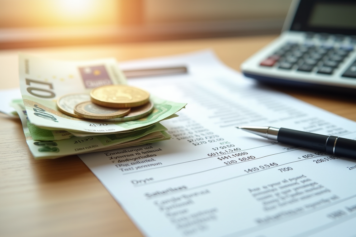 Billets euros et calculatrice sur bureau minimaliste