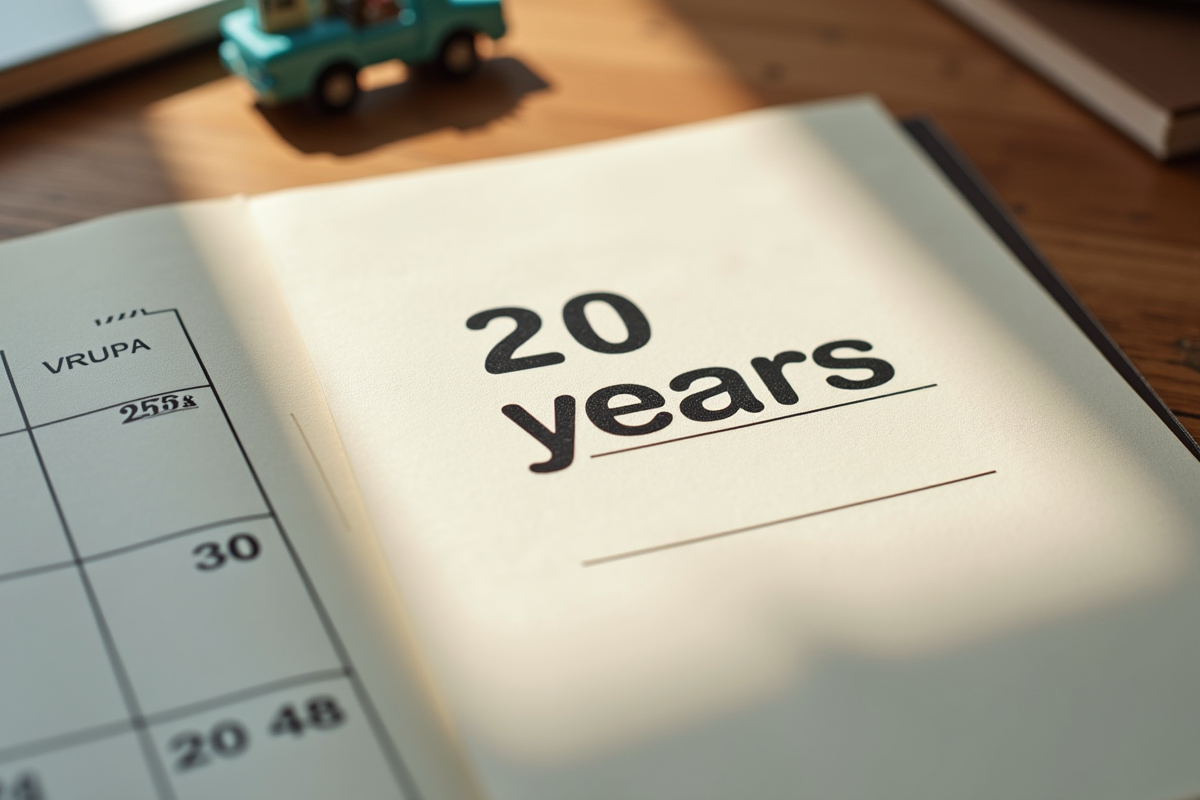 Page de calendrier marquée 20 ans avec enveloppe d