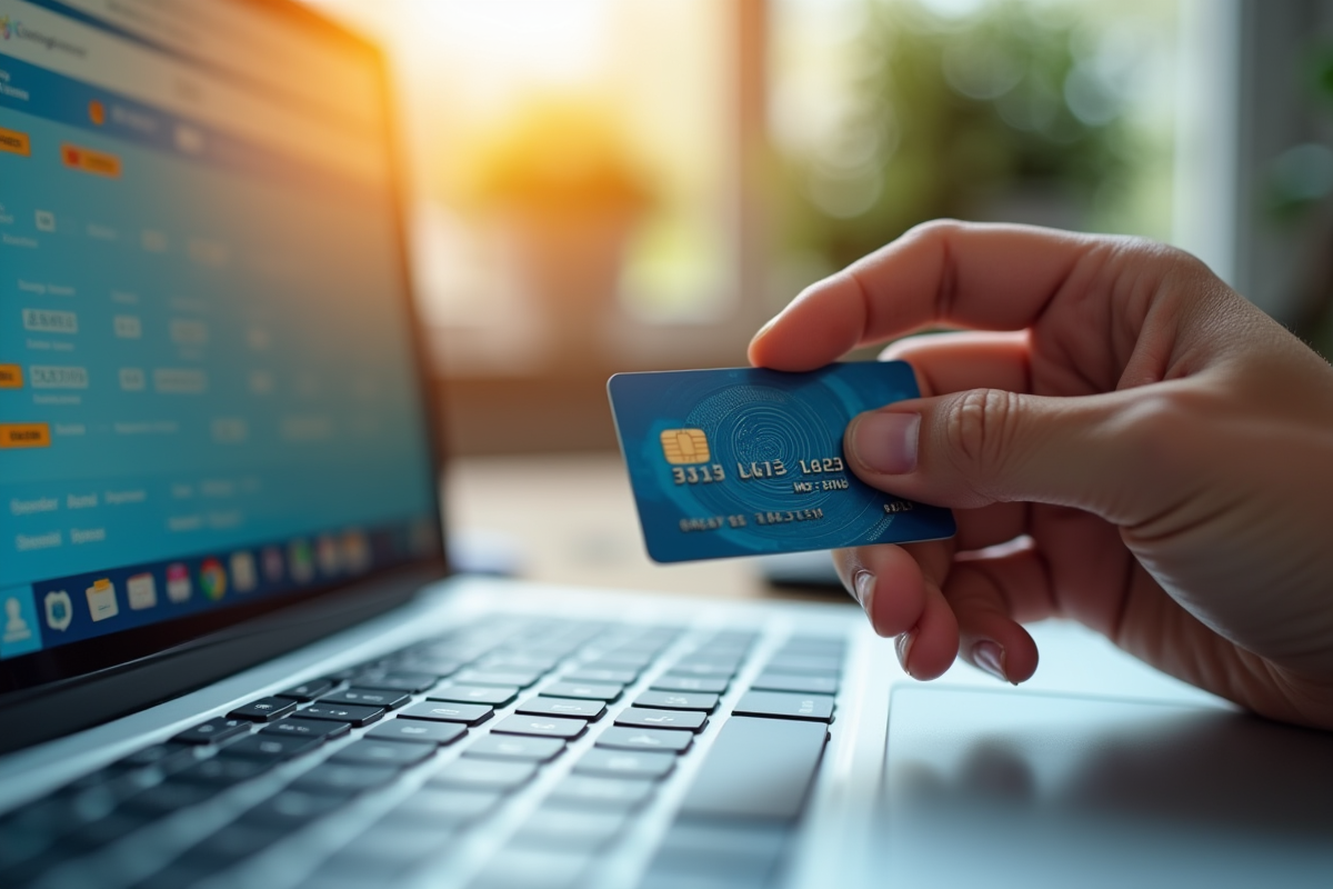 Main tenant une carte bancaire au-dessus d’un ordinateur avec un token de sécurité