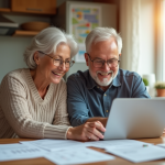 Couple retraité souriant discutant à la maison avec un ordinateur