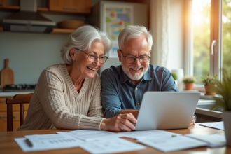Couple retraité souriant discutant à la maison avec un ordinateur