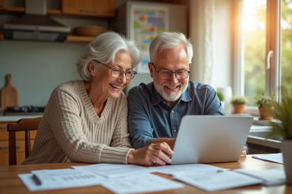 Couple retraité souriant discutant à la maison avec un ordinateur