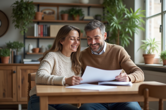 Couple de milieu d'âge examinant documents d'assurance maison