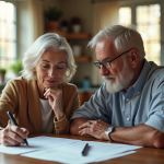 Couple mature discutant de documents à la cuisine