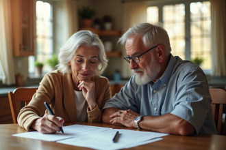 Couple mature discutant de documents à la cuisine