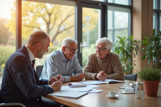 Couple senior rencontrant un conseiller en assurance dans un bureau lumineux