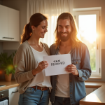 Jeune couple souriant devant leur boîte aux lettres avec lettre taxe supprimée