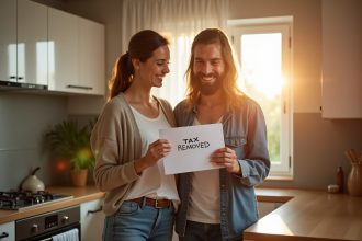 Jeune couple souriant devant leur boîte aux lettres avec lettre taxe supprimée