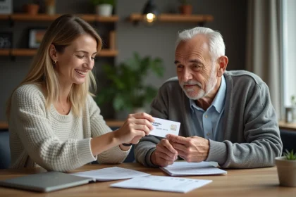 Femme souriante offrant une carte Kad&eacute;os Infini &agrave; un homme &acirc;g&eacute; &agrave; la maison
