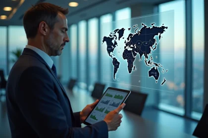 Homme d'affaires observant une carte du monde avec donn&eacute;es