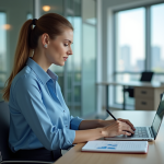 Femme d'affaires en bureau analysant des graphiques financiers