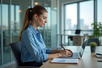 Femme d'affaires en bureau analysant des graphiques financiers