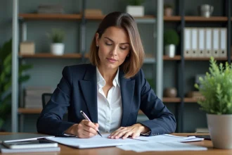 Femme d'affaires en réunion lisant des documents financiers