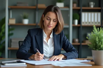 Femme d'affaires en r&eacute;union lisant des documents financiers