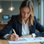 Femme d'affaires concentrée devant un graphique boursier