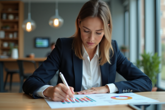 Femme d'affaires concentrée devant un graphique boursier