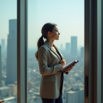 Femme confiante regardant la ville depuis un bureau moderne