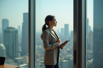 Femme confiante regardant la ville depuis un bureau moderne