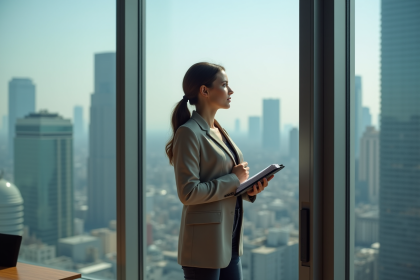 Femme confiante regardant la ville depuis un bureau moderne
