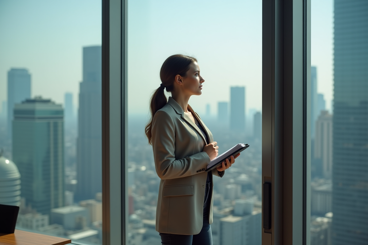 Femme confiante regardant la ville depuis un bureau moderne