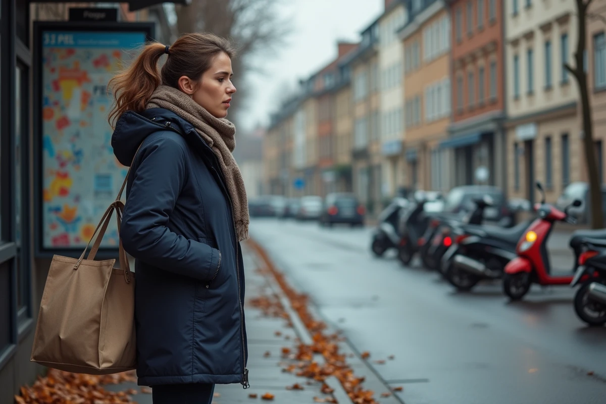 Femme française à un arrêt de bus en suburbain
