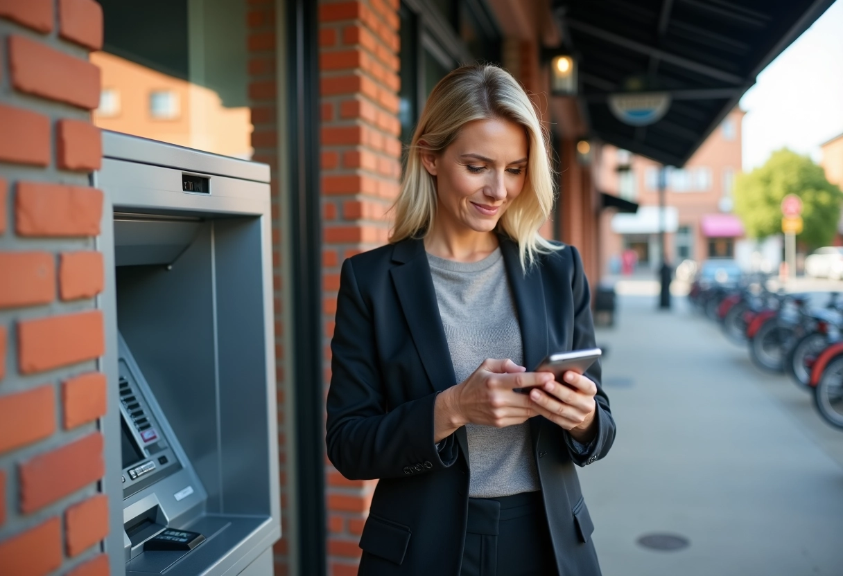 Femme d affaires utilisant une application ATM dans un centre commercial