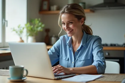 Femme v&eacute;rifiant ses finances sur un ordinateur portable dans la cuisine