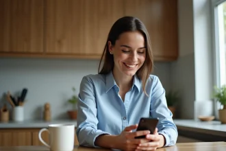 Femme souriante utilisant une application bancaire sur smartphone à la maison