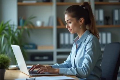 Femme concentr&eacute;e travaillant sur un ordinateur dans un bureau moderne