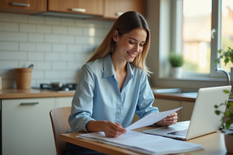 Femme souriante travaillant à la maison dans une cuisine moderne