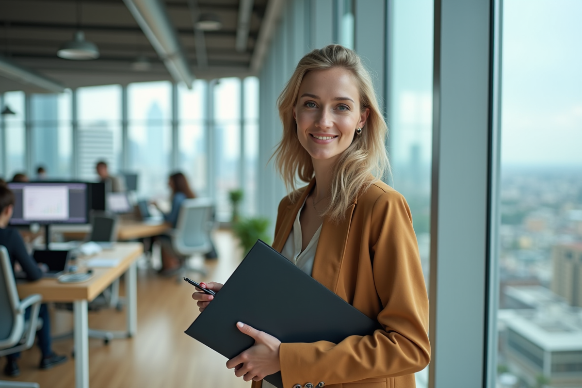 Jeune femme en bureau moderne avec fenêtre urbaine