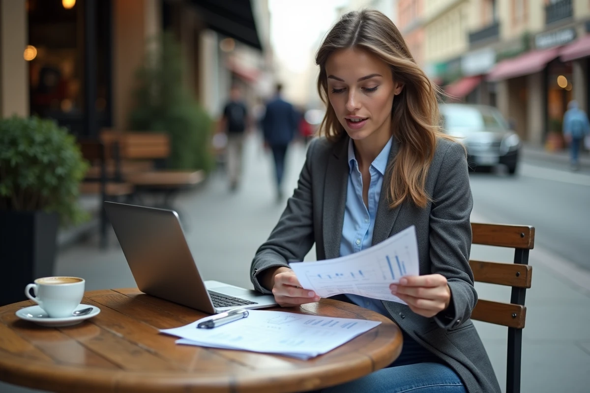 Jeune femme analysant un rapport financier au caf&eacute;