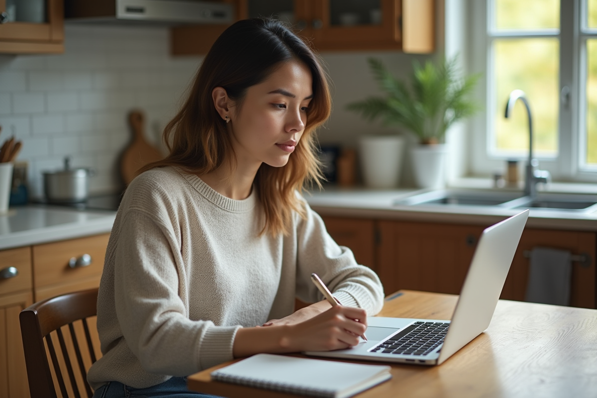 Jeune femme en détente travaille sur son ordinateur à la maison