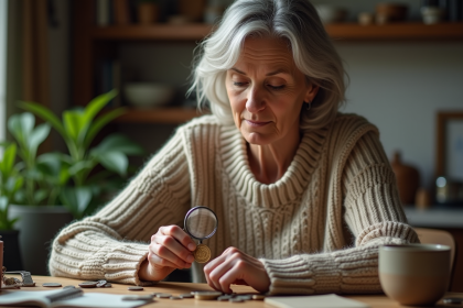Femme française examinant une pièce rare avec une loupe