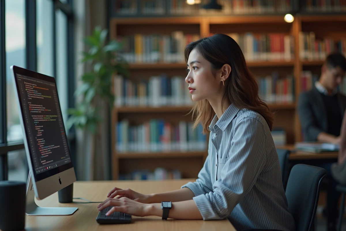 Femme en train d entrer des commandes sur un ordinateur dans une bibliothèque