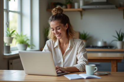 Femme confiante travaillant sur son ordinateur dans la cuisine