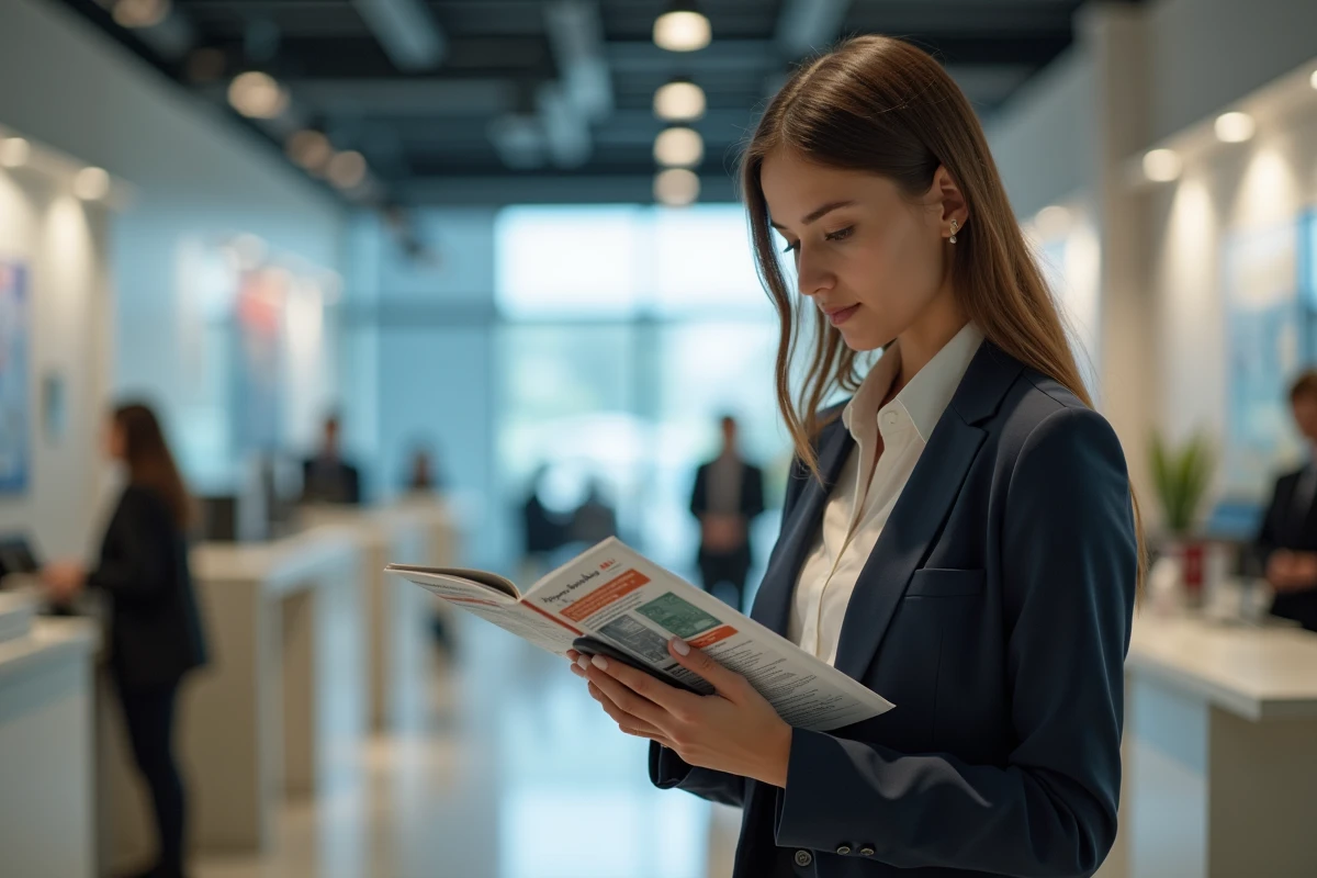 Jeune femme consulte brochure bancaire en agence