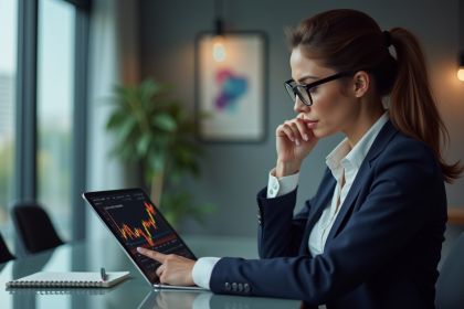 Femme professionnelle examinant un graphique XRP sur tablette