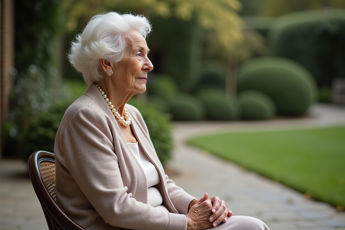 Femme âgée en cardigan dans un jardin paisible