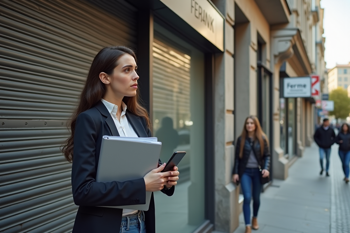 Jeune femme devant une banque fermée dans la rue