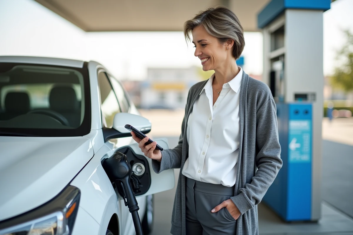 Femme recharge une voiture hybride au station essence