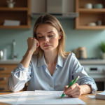 Femme en gestion de papiers dans une cuisine lumineuse