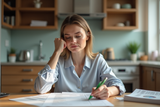 Femme en gestion de papiers dans une cuisine lumineuse