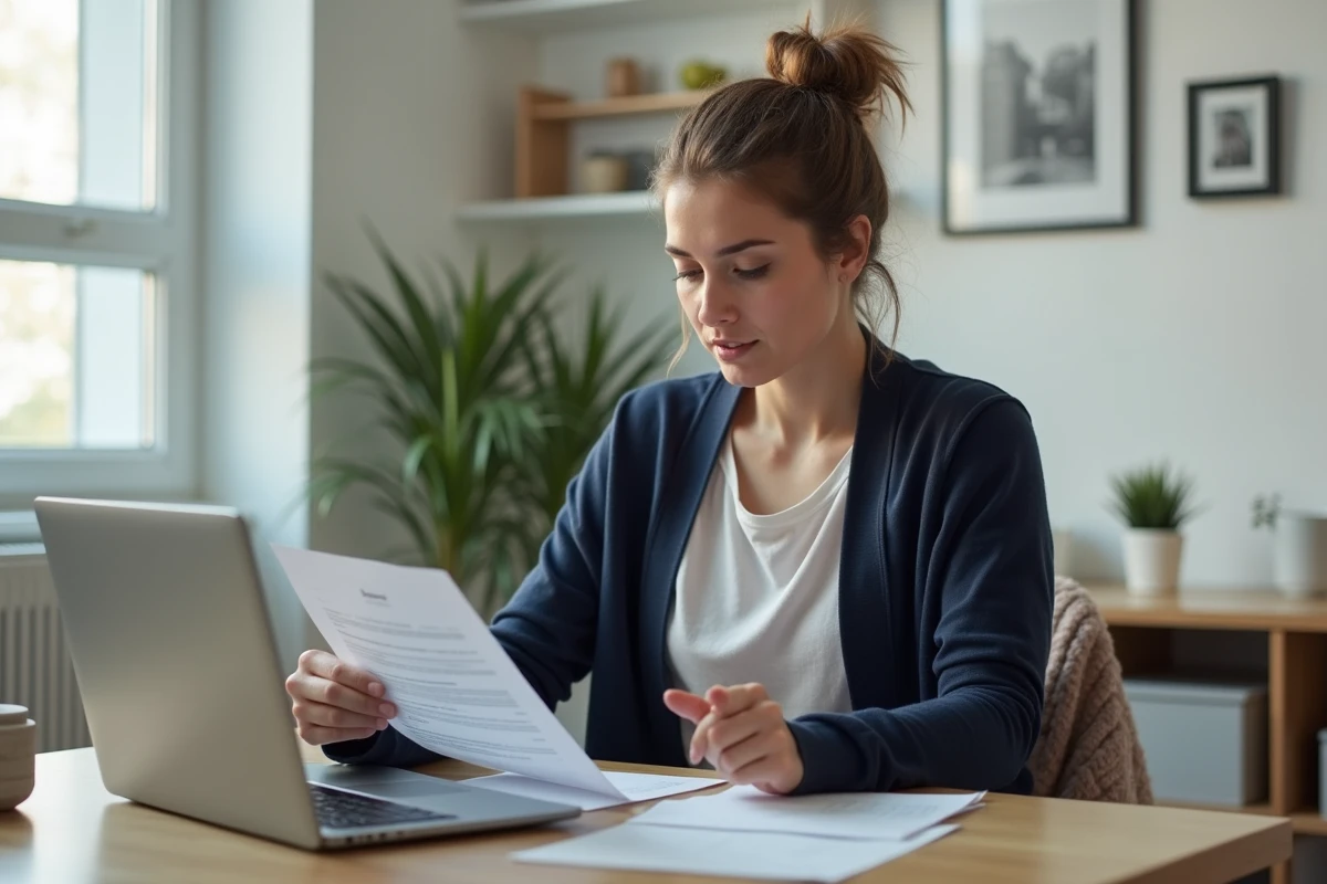 Femme concentr&eacute;e v&eacute;rifiant sa facture mobile &agrave; son bureau