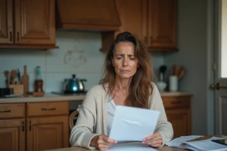 Femme inquiète avec papiers dans la cuisine modeste