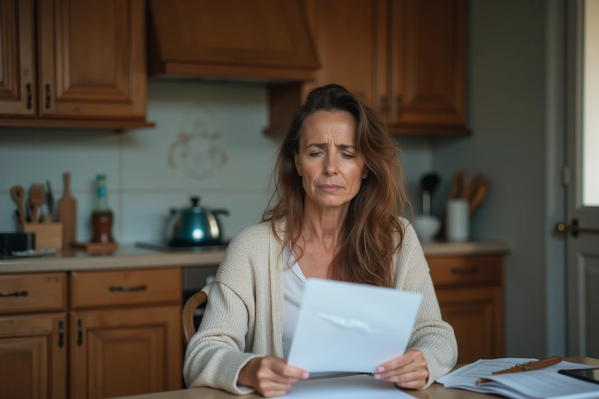 Femme inquiète avec papiers dans la cuisine modeste