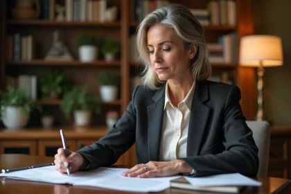 Femme d'âge moyen examinant des documents d'investissement dans un bureau chaleureux