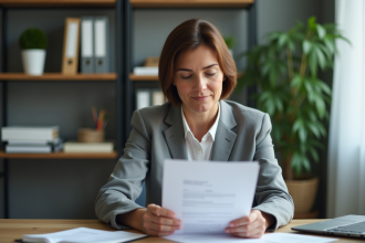 Femme d'affaires lisant un contrat dans un bureau à domicile