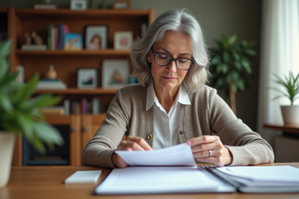 Femme d'âge moyen triant des documents officiels à la maison