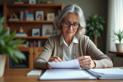 Femme d'âge moyen triant des documents officiels à la maison